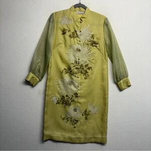 VTG Alfred Shaheen Shift Midi Dress 10 / S Green Yellow Floral Mandarin Collar